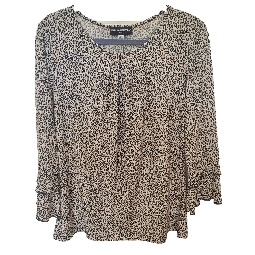 Karl Lagerfeld Paris Leopard Print Ruffle Cuff Top Tan Black Small L7JH6004